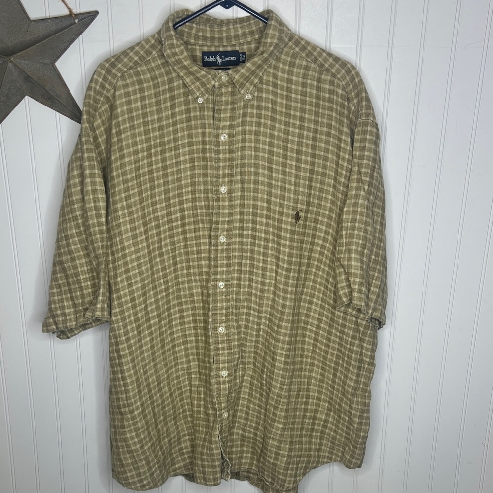 Ralph Lauren Men's Tan Plaid Linen Button-Down Shirt